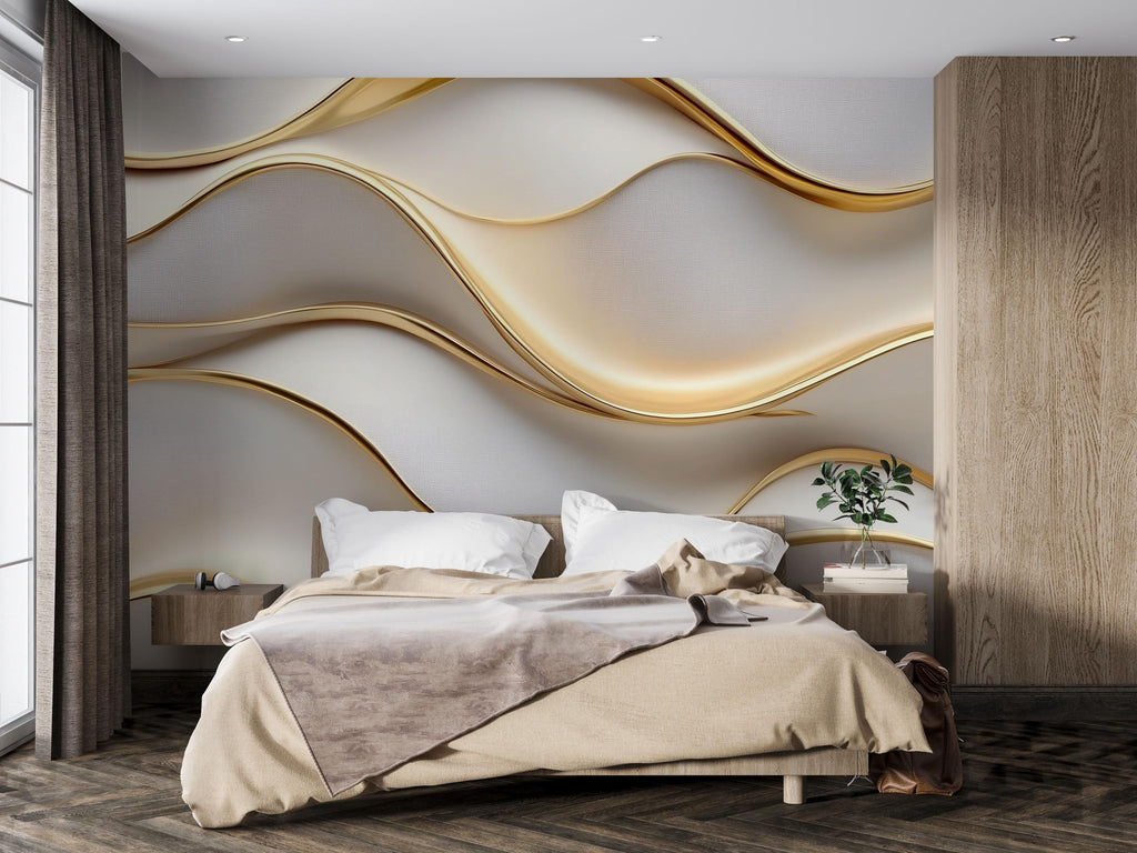 3D Gold Wave Wallpaper Mural For Bedroom Or Living Room, Modern Luxury Wall Decor With Textured Lines, Elegant Abstract Design, Stylish