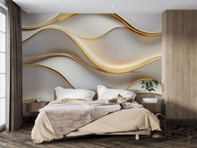 Load image into Gallery viewer, 3D Gold Wave Wallpaper Mural For Bedroom Or Living Room, Modern Luxury Wall Decor With Textured Lines, Elegant Abstract Design, Stylish