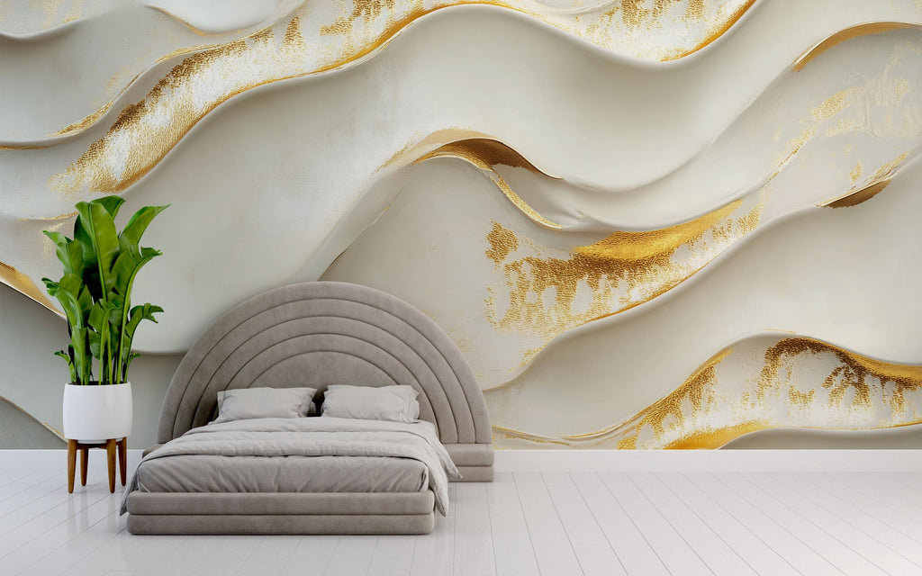 3D Wave Wallpaper With Gold Texture For Bedroom Or Living Room, Elegant Abstract Wall Mural, Modern Peel And Stick Decor, Stylish Wall Art