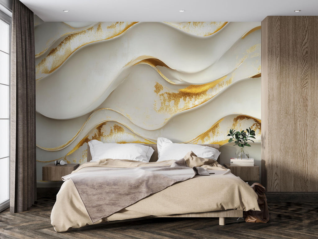 3D Wave Wallpaper With Gold Texture For Bedroom Or Living Room, Elegant Abstract Wall Mural, Modern Peel And Stick Decor, Stylish Wall Art