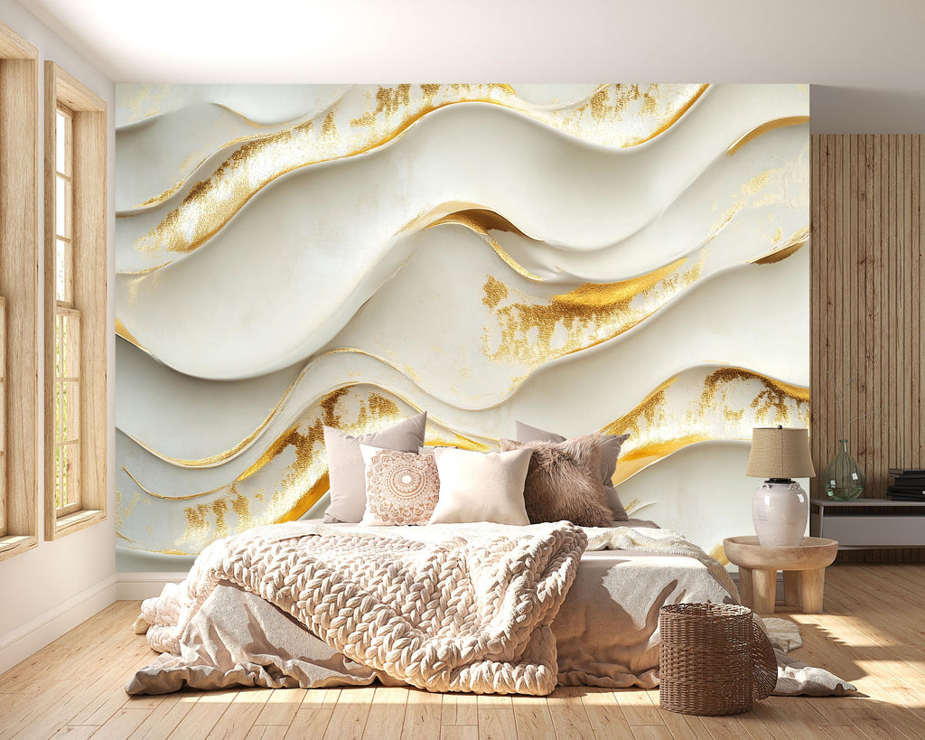 3D Wave Wallpaper With Gold Texture For Bedroom Or Living Room, Elegant Abstract Wall Mural, Modern Peel And Stick Decor, Stylish Wall Art