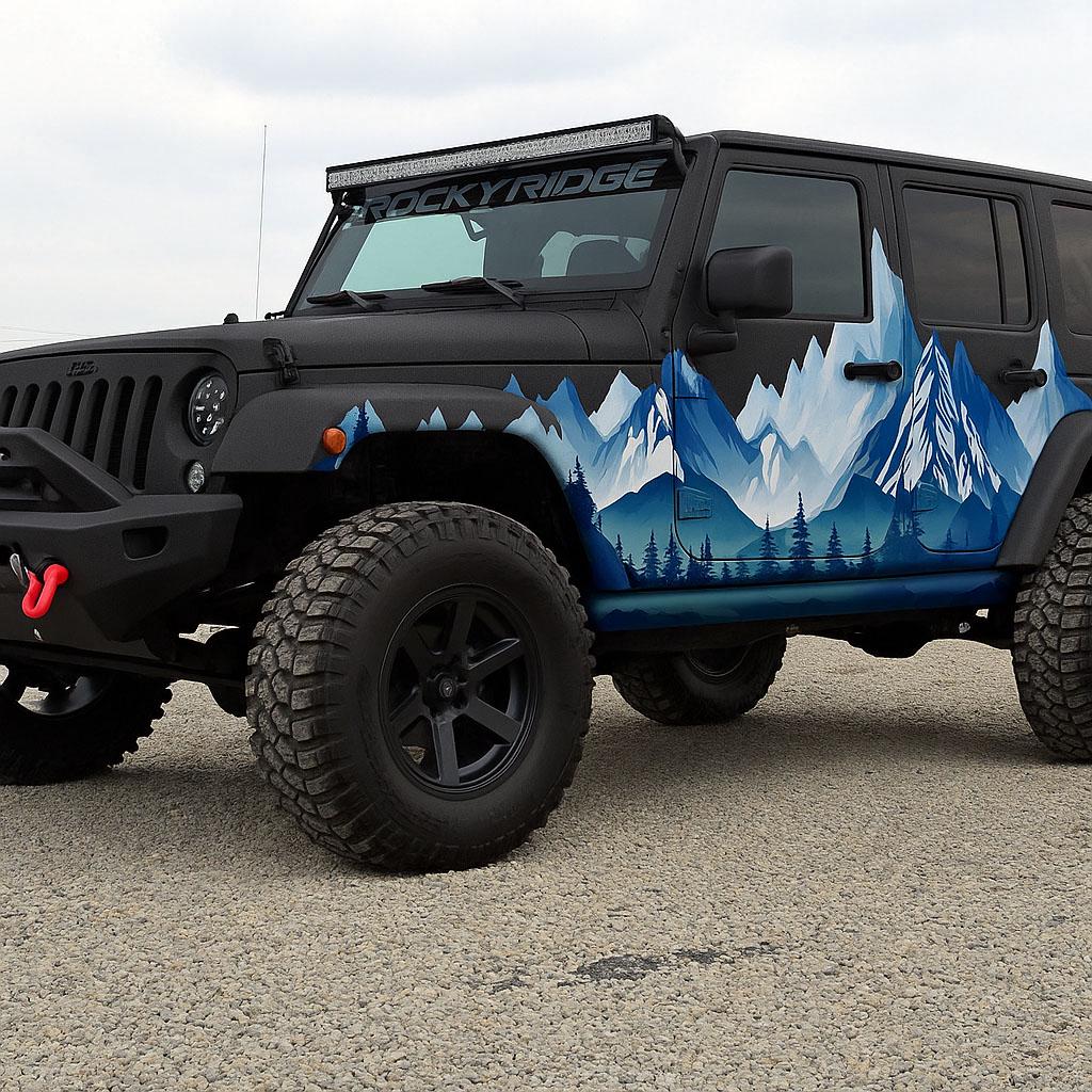 Blue Mountain Landscape Vinyl Wrap – Custom Scenic Car Wrap for Offroad – Nature Adventure Graphic – Gift for Outdoor Lovers