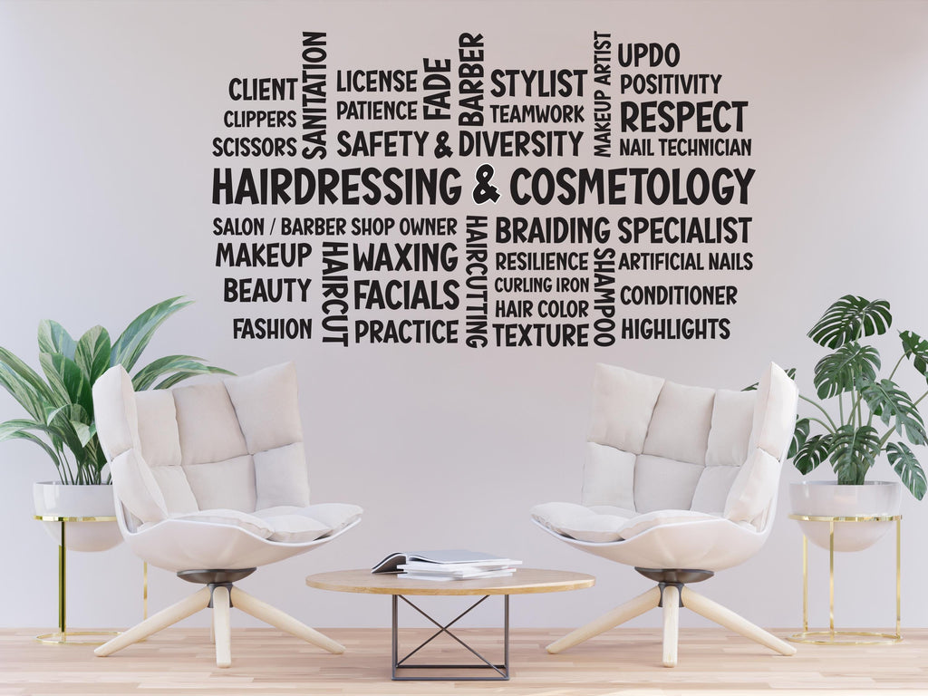 Hairdressing Cosmetology Salon Word Cloud Wall Decal – Stylish Beauty & Hairdressing Decor for Salons, Barbershops, and Home Studios 789RS