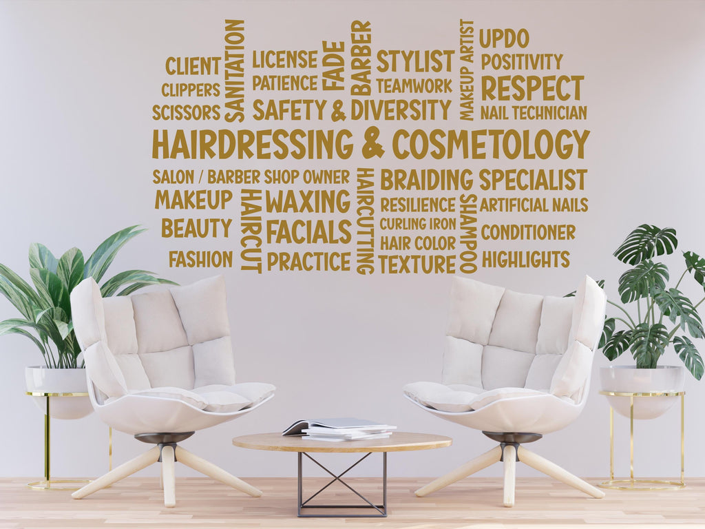Hairdressing Cosmetology Salon Word Cloud Wall Decal – Stylish Beauty & Hairdressing Decor for Salons, Barbershops, and Home Studios 789RS