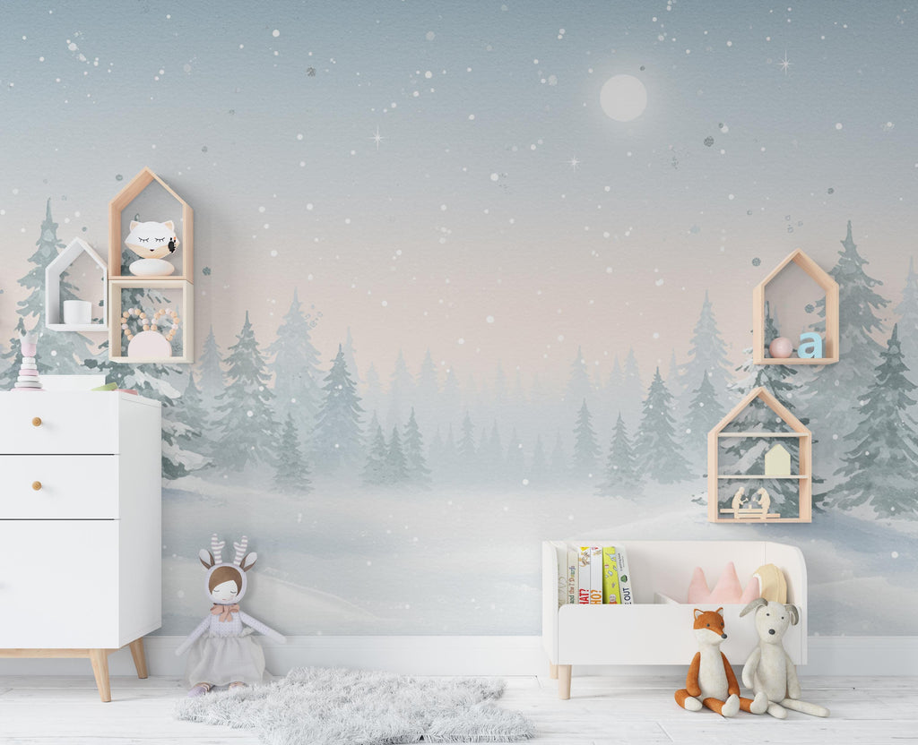 Enchanted Winter Forest Mural – Watercolor Snowy Evergreen Trees & Moonlit Sky Wallpaper – Calm Nursery or Winter Wall Art Decor 810RS