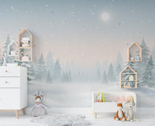 Load image into Gallery viewer, Enchanted Winter Forest Mural – Watercolor Snowy Evergreen Trees &amp; Moonlit Sky Wallpaper – Calm Nursery or Winter Wall Art Decor 810RS
