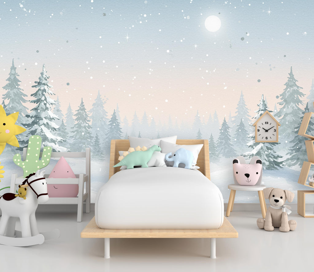Enchanted Winter Forest Mural – Watercolor Snowy Evergreen Trees & Moonlit Sky Wallpaper – Calm Nursery or Winter Wall Art Decor 810RS