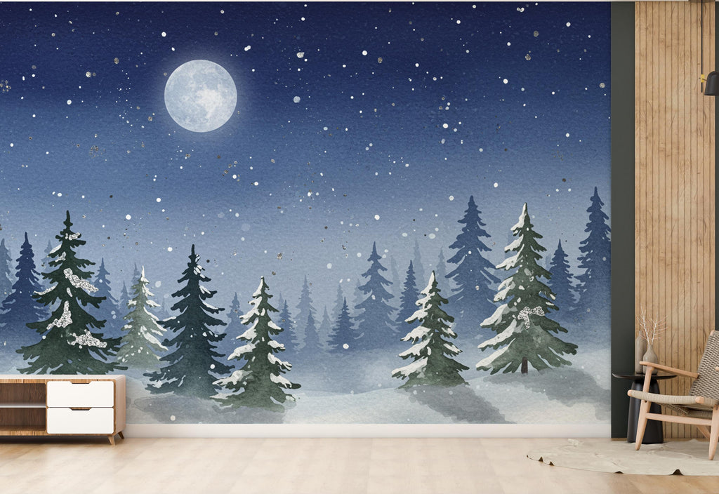 Moonlit Winter Forest Wall Mural – Watercolor Snowy Evergreen Night Scene with Stars – Enchanted Wall Art for Nursery or Bedroom 811RS