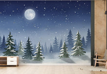 Load image into Gallery viewer, Moonlit Winter Forest Wall Mural – Watercolor Snowy Evergreen Night Scene with Stars – Enchanted Wall Art for Nursery or Bedroom 811RS