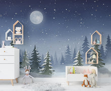 Load image into Gallery viewer, Moonlit Winter Forest Wall Mural – Watercolor Snowy Evergreen Night Scene with Stars – Enchanted Wall Art for Nursery or Bedroom 811RS
