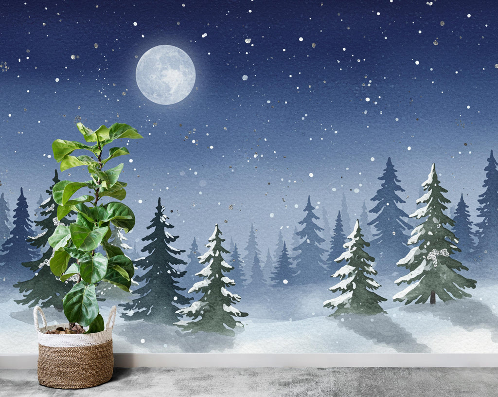 Moonlit Winter Forest Wall Mural – Watercolor Snowy Evergreen Night Scene with Stars – Enchanted Wall Art for Nursery or Bedroom 811RS