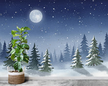Load image into Gallery viewer, Moonlit Winter Forest Wall Mural – Watercolor Snowy Evergreen Night Scene with Stars – Enchanted Wall Art for Nursery or Bedroom 811RS