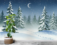 Load image into Gallery viewer, Serene Snowy Forest Wall Mural – Watercolor Winter Night with Crescent Moon &amp; Stars – Peaceful Woodland Nursery or Bedroom Wallpaper 812RS