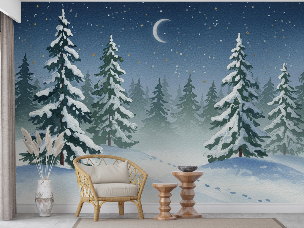 Serene Snowy Forest Wall Mural – Watercolor Winter Night with Crescent Moon & Stars – Peaceful Woodland Nursery or Bedroom Wallpaper 812RS