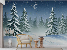 Load image into Gallery viewer, Serene Snowy Forest Wall Mural – Watercolor Winter Night with Crescent Moon &amp; Stars – Peaceful Woodland Nursery or Bedroom Wallpaper 812RS