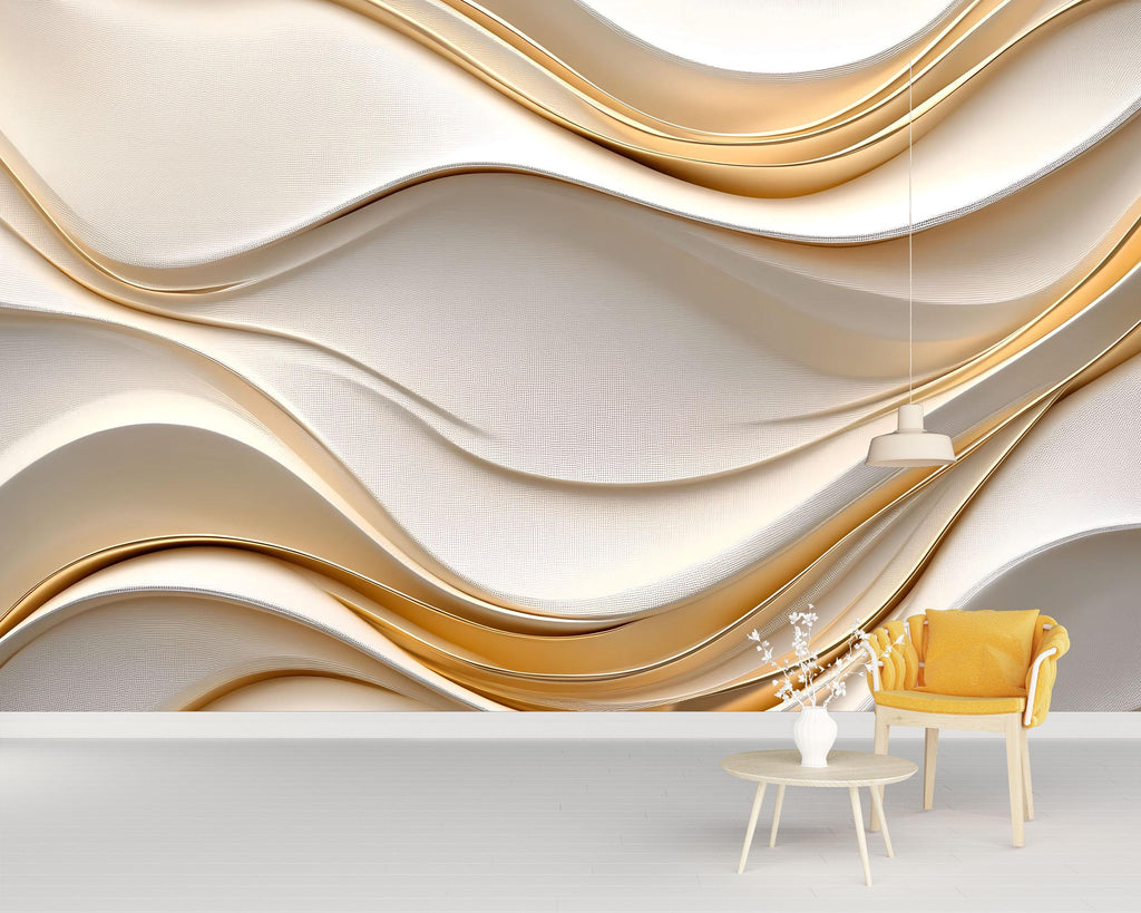 Elegant 3D Abstract Wallpaper Mural | Modern Gold Wave Textured Wall Art | Luxury Wall Decor for Living Room or Office