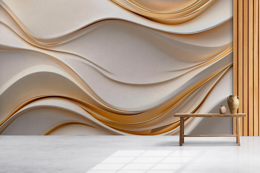 Elegant 3D Abstract Wallpaper Mural | Modern Gold Wave Textured Wall Art | Luxury Wall Decor for Living Room or Office