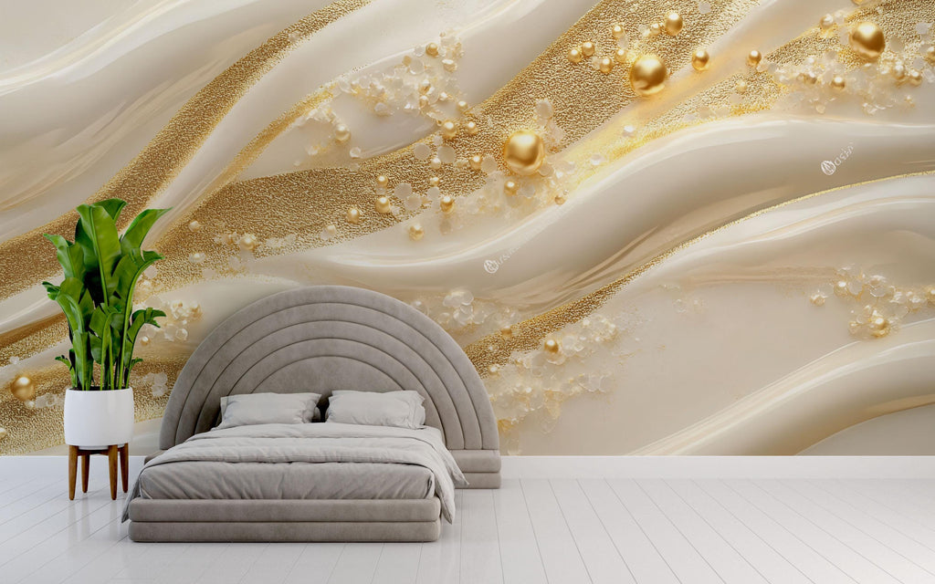 3D Pearl And Gold Wave Wallpaper Mural | Luxury Textured Abstract Wall Decor | Modern Bedroom Accent Wall Art | Elegant Stylish Wallpaper