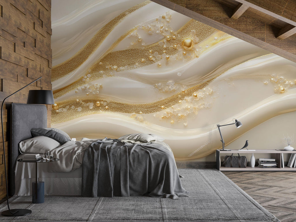 3D Pearl And Gold Wave Wallpaper Mural | Luxury Textured Abstract Wall Decor | Modern Bedroom Accent Wall Art | Elegant Stylish Wallpaper