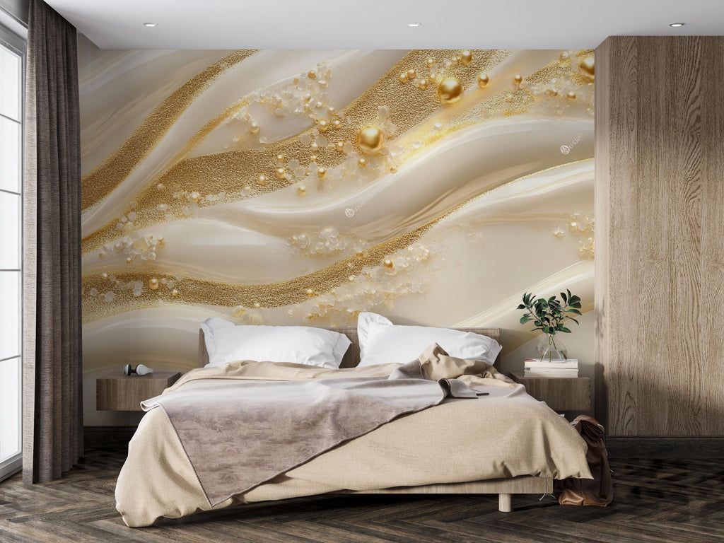 3D Pearl And Gold Wave Wallpaper Mural | Luxury Textured Abstract Wall Decor | Modern Bedroom Accent Wall Art | Elegant Stylish Wallpaper
