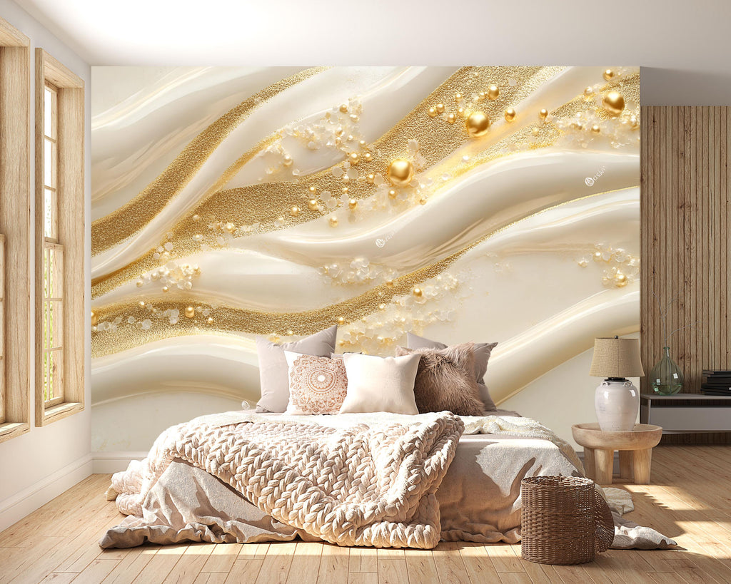 3D Pearl And Gold Wave Wallpaper Mural | Luxury Textured Abstract Wall Decor | Modern Bedroom Accent Wall Art | Elegant Stylish Wallpaper