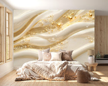 Load image into Gallery viewer, 3D Pearl And Gold Wave Wallpaper Mural | Luxury Textured Abstract Wall Decor | Modern Bedroom Accent Wall Art | Elegant Stylish Wallpaper