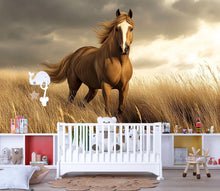 Load image into Gallery viewer, 3D Running Horse Wallpaper Mural | Wild Stallion Wall Art For Boys Room, Man Cave Or Barn Decor | Realistic Horse Wall Mural | Western