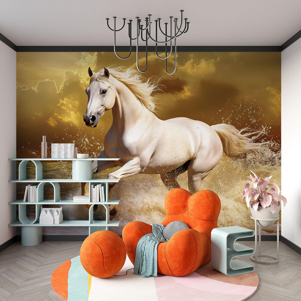 3D White Horse Running On Water Wallpaper Mural | Dramatic Ocean Stallion Wall Art | Bold Statement Wall Decor | Modern Peel And Stick