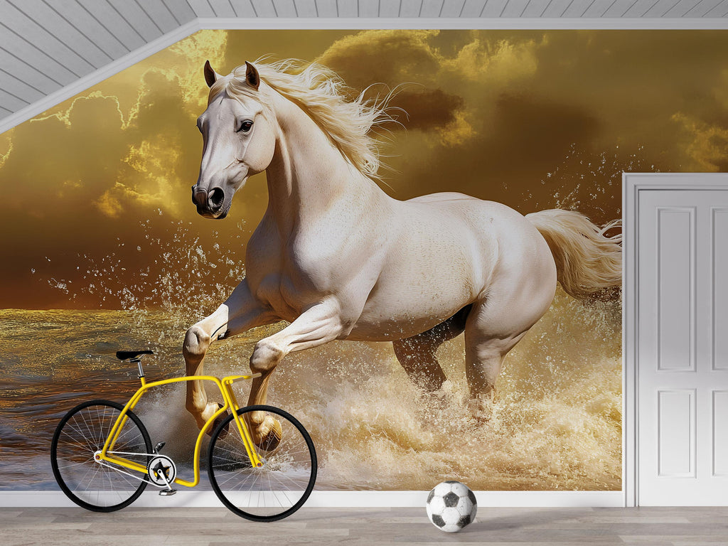 3D White Horse Running On Water Wallpaper Mural | Dramatic Ocean Stallion Wall Art | Bold Statement Wall Decor | Modern Peel And Stick
