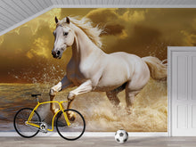 Load image into Gallery viewer, 3D White Horse Running On Water Wallpaper Mural | Dramatic Ocean Stallion Wall Art | Bold Statement Wall Decor | Modern Peel And Stick