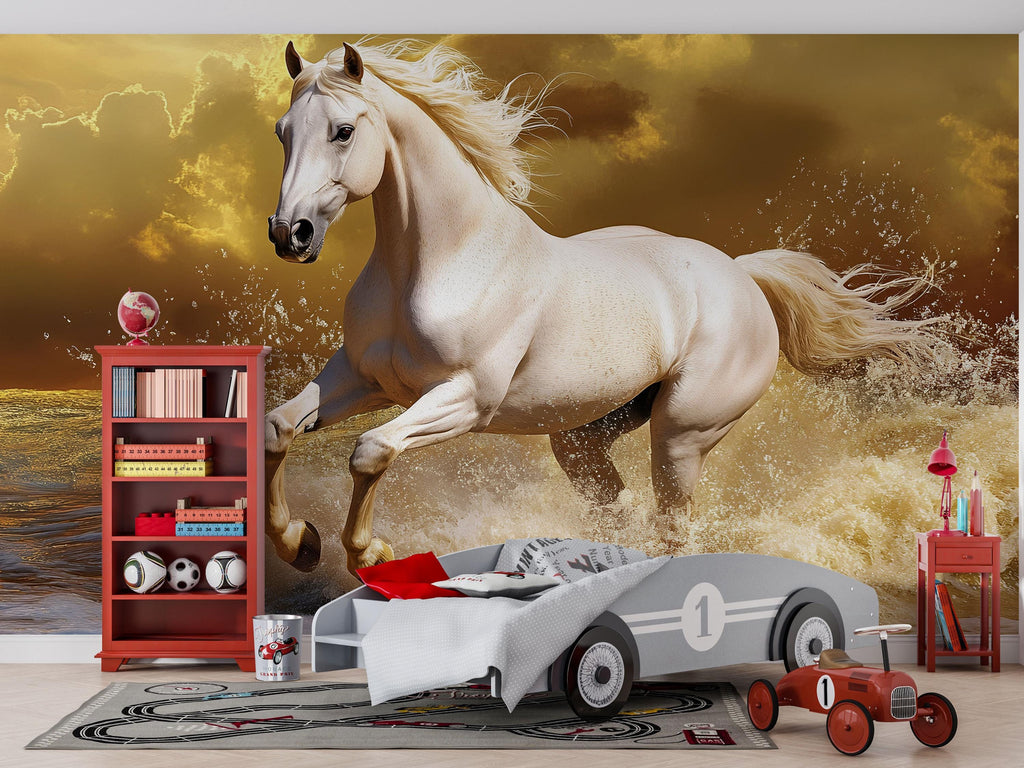 3D White Horse Running On Water Wallpaper Mural | Dramatic Ocean Stallion Wall Art | Bold Statement Wall Decor | Modern Peel And Stick