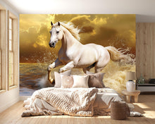 Load image into Gallery viewer, 3D White Horse Running On Water Wallpaper Mural | Dramatic Ocean Stallion Wall Art | Bold Statement Wall Decor | Modern Peel And Stick