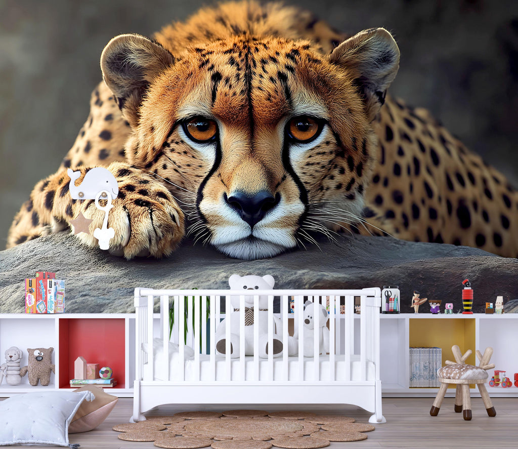 3D Cheetah Jungle Wallpaper Mural | Realistic Big Cat Wall Art For Nursery Or Kids Room | Safari Animal Wall Decor | Stylish Wildlife
