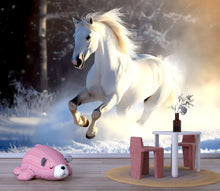 Load image into Gallery viewer, 3D White Horse Winter Wallpaper Mural | Elegant Running Stallion Wall Art | Stylish Bedroom Decor | Snow Scene Peel And Stick Modern Horse