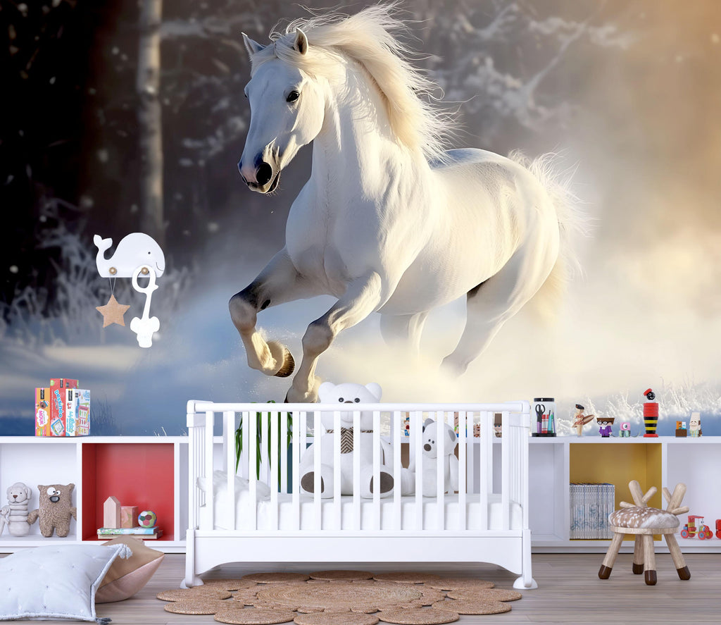 3D White Horse Winter Wallpaper Mural | Elegant Running Stallion Wall Art | Stylish Bedroom Decor | Snow Scene Peel And Stick Modern Horse