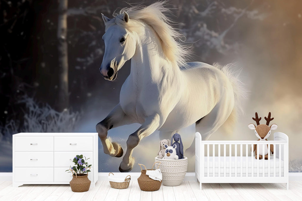 3D White Horse Winter Wallpaper Mural | Elegant Running Stallion Wall Art | Stylish Bedroom Decor | Snow Scene Peel And Stick Modern Horse