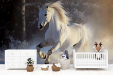 Load image into Gallery viewer, 3D White Horse Winter Wallpaper Mural | Elegant Running Stallion Wall Art | Stylish Bedroom Decor | Snow Scene Peel And Stick Modern Horse