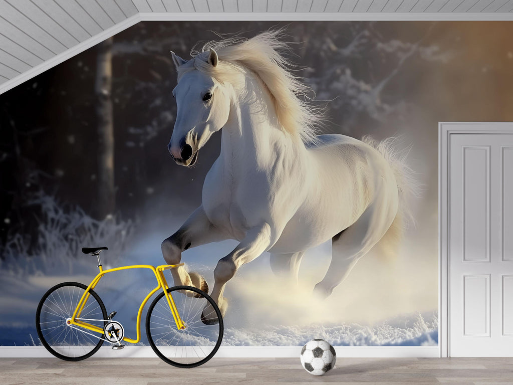 3D White Horse Winter Wallpaper Mural | Elegant Running Stallion Wall Art | Stylish Bedroom Decor | Snow Scene Peel And Stick Modern Horse