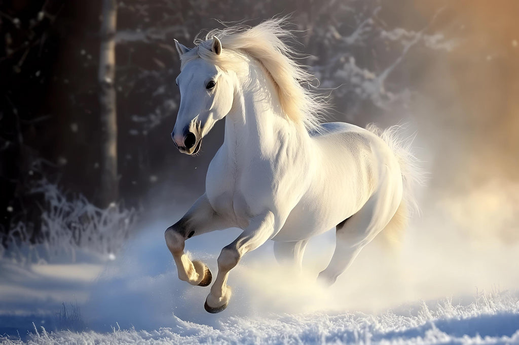 3D White Horse Winter Wallpaper Mural | Elegant Running Stallion Wall Art | Stylish Bedroom Decor | Snow Scene Peel And Stick Modern Horse