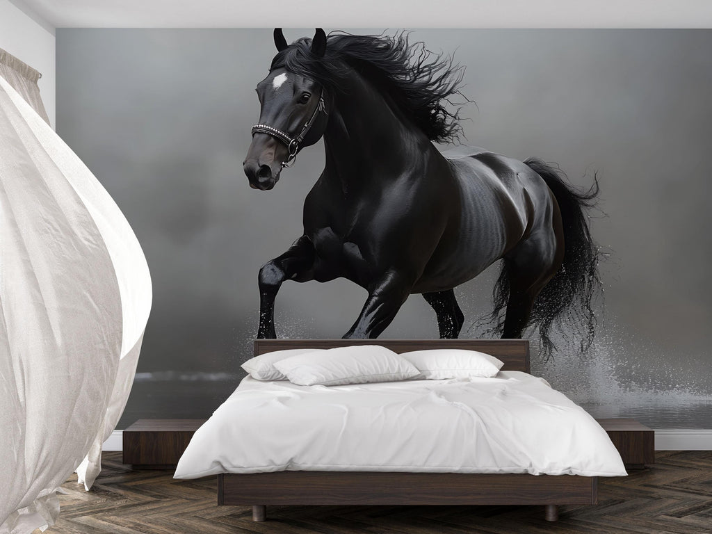 3D Black Stallion Wallpaper Mural | Bold Horse Wall Art For Bedroom Or Office | Modern Equestrian Wall Decor | Stylish Peel And Stick