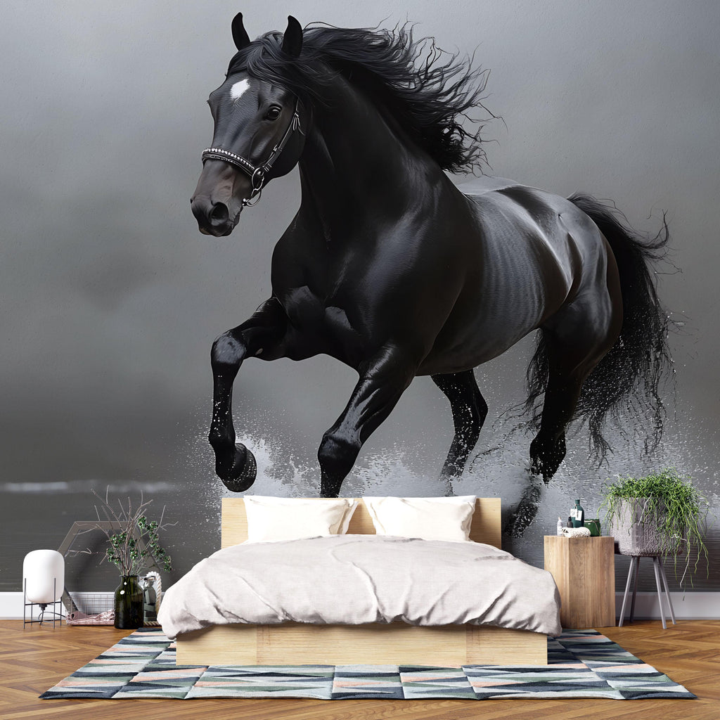 3D Black Stallion Wallpaper Mural | Bold Horse Wall Art For Bedroom Or Office | Modern Equestrian Wall Decor | Stylish Peel And Stick