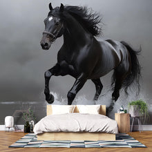Load image into Gallery viewer, 3D Black Stallion Wallpaper Mural | Bold Horse Wall Art For Bedroom Or Office | Modern Equestrian Wall Decor | Stylish Peel And Stick
