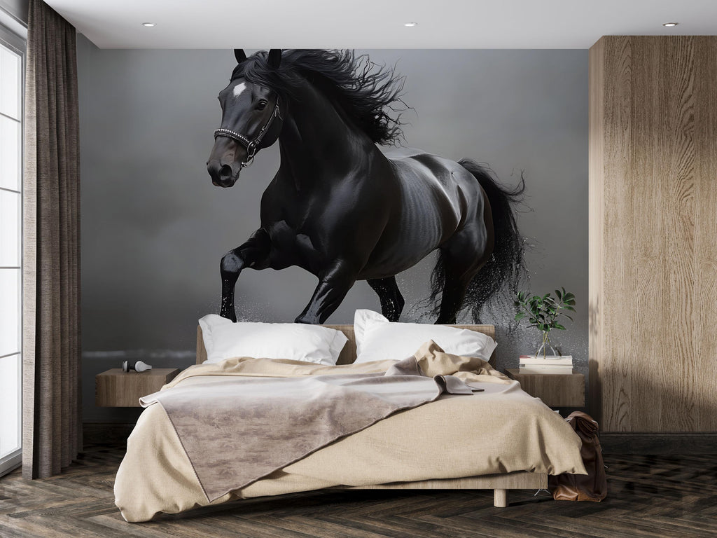 3D Black Stallion Wallpaper Mural | Bold Horse Wall Art For Bedroom Or Office | Modern Equestrian Wall Decor | Stylish Peel And Stick