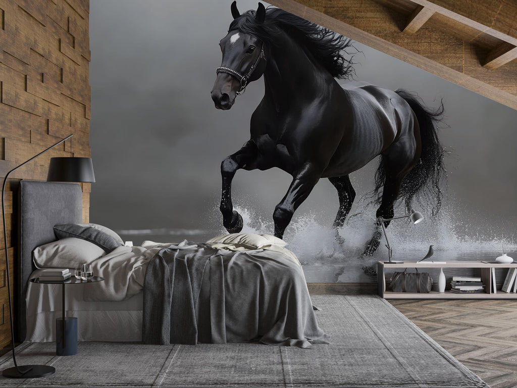 3D Black Stallion Wallpaper Mural | Bold Horse Wall Art For Bedroom Or Office | Modern Equestrian Wall Decor | Stylish Peel And Stick