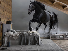Load image into Gallery viewer, 3D Black Stallion Wallpaper Mural | Bold Horse Wall Art For Bedroom Or Office | Modern Equestrian Wall Decor | Stylish Peel And Stick