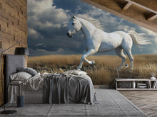 Load image into Gallery viewer, 3D White Horse Wallpaper Mural | Gentle Running Stallion Wall Art For Nursery Or Kids Room | Modern Animal Decor | Peel And Stick
