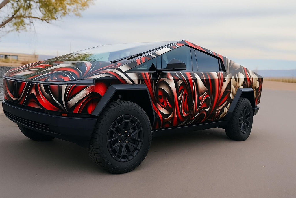 Red Black Floral Abstract Wrap for Tesla Cybertruck Custom Vinyl Vehicle Wrap with Futuristic Swirl Design – Artistic Gift for Tesla Owners