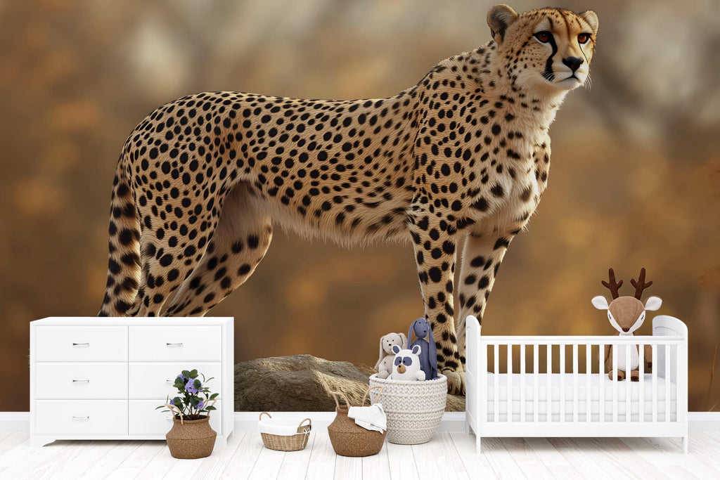 3D Standing Cheetah Wallpaper Mural | Realistic Safari Animal Wall Art For Nursery Or Kids Room | Jungle Big Cat Decor | Peel And Stick