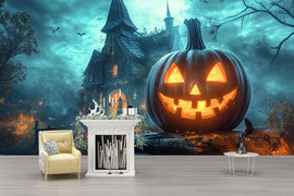 3D Halloween Pumpkin Haunted House Wallpaper Mural | Spooky Jack-O'-Lantern Wall Art | Haunted Mansion Decor | Stylish Peel And Stick
