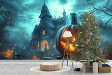 Load image into Gallery viewer, 3D Halloween Pumpkin Haunted House Wallpaper Mural | Spooky Jack-O'-Lantern Wall Art | Haunted Mansion Decor | Stylish Peel And Stick